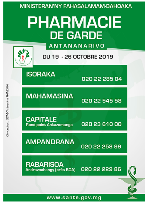 Pharmacie de Garde Antananarivo du 19 au 26 Octobre 2019