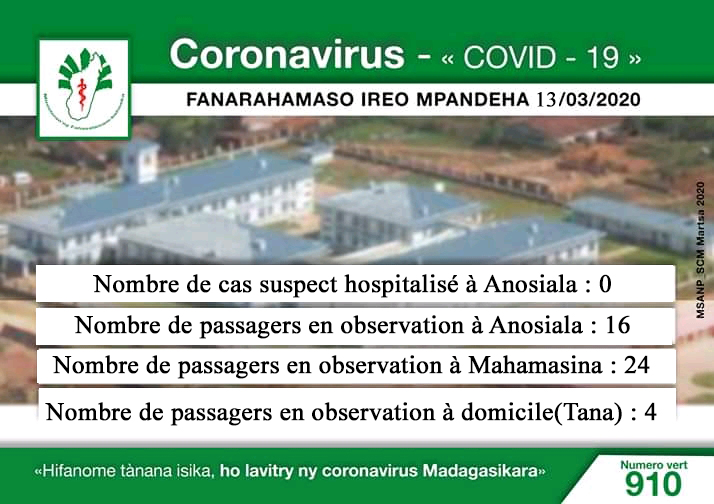 Situation CORONAVIRUS du 13 Mars 2020