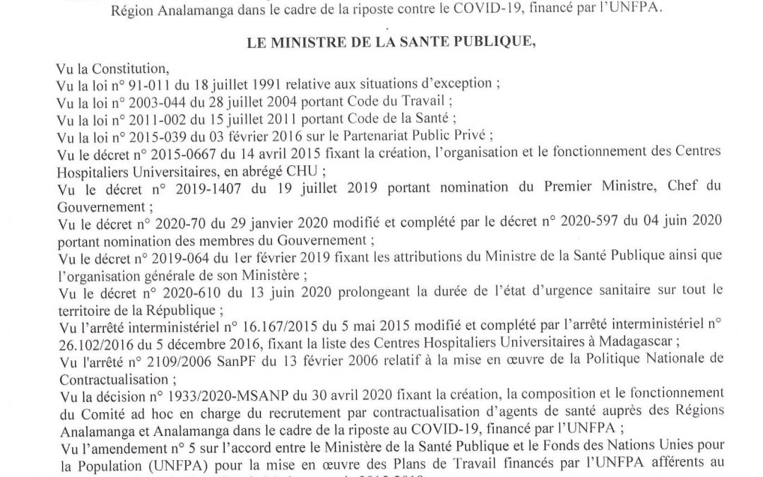 Appels à candidature recrutement par contractualisation de technicien de surface pour Analamanga, riposte COVID-19 UNFPA