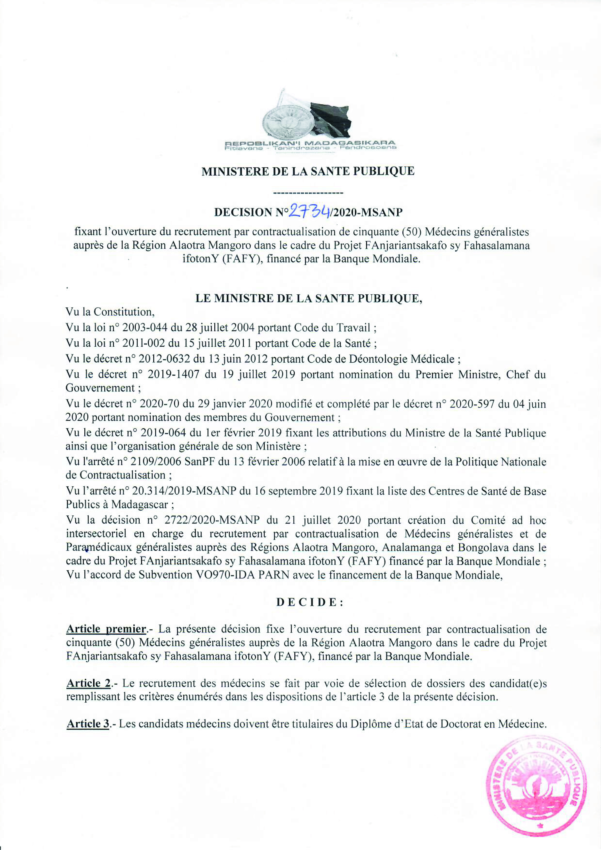 PROJET FAFY: Decision n° 2734 recrutement par contactualisation de 50 Médecins généralistes auprès de la Région Alaotra Mangoro, financé par la Banque Mondiale.
