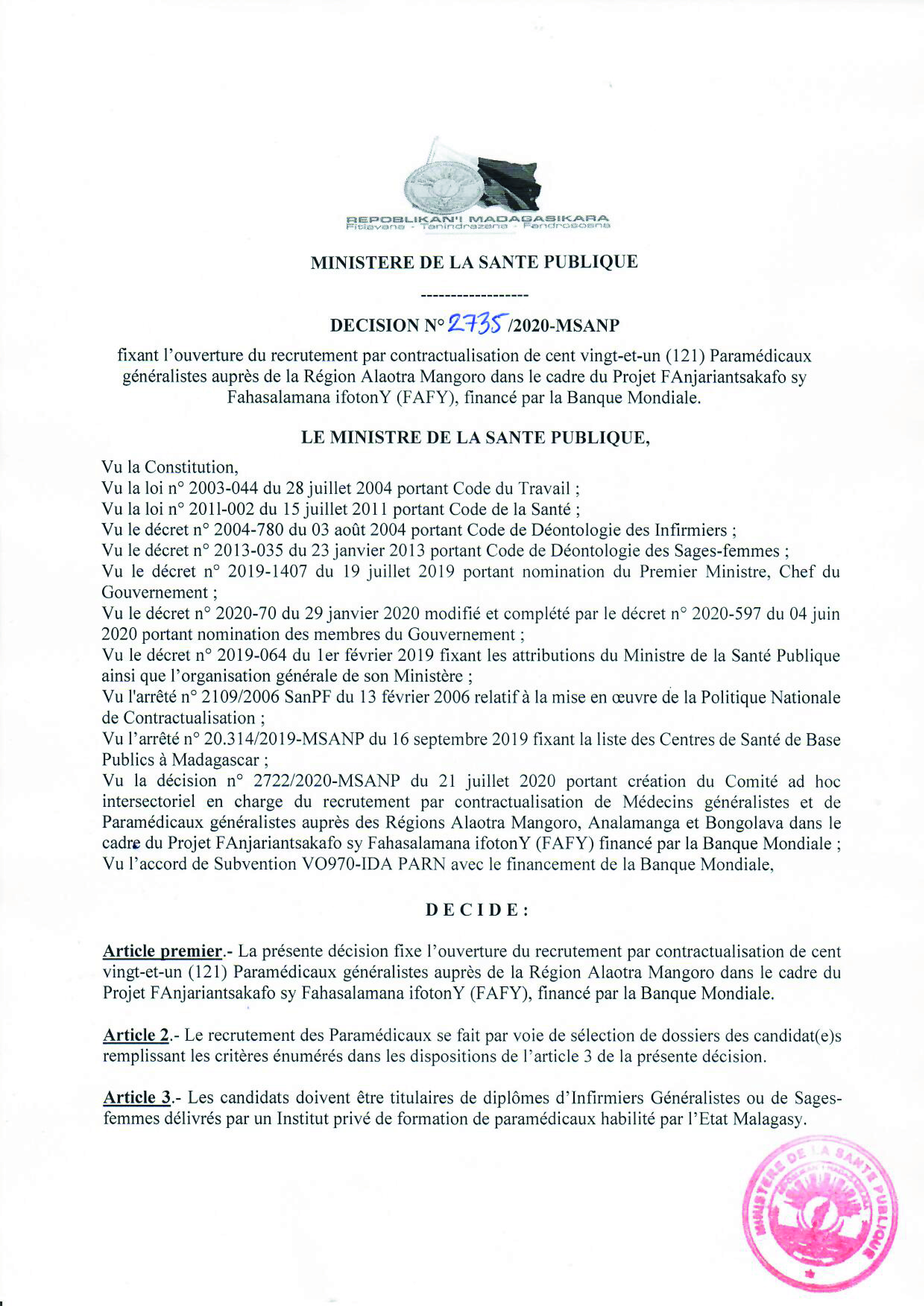 PROJET FAFY: Decision n° 2735 recrutement par contactualisation de 121 Paramédicaux généralistes auprès de la Région Alaotra – Mangoro, financé par la Banque Mondiale.