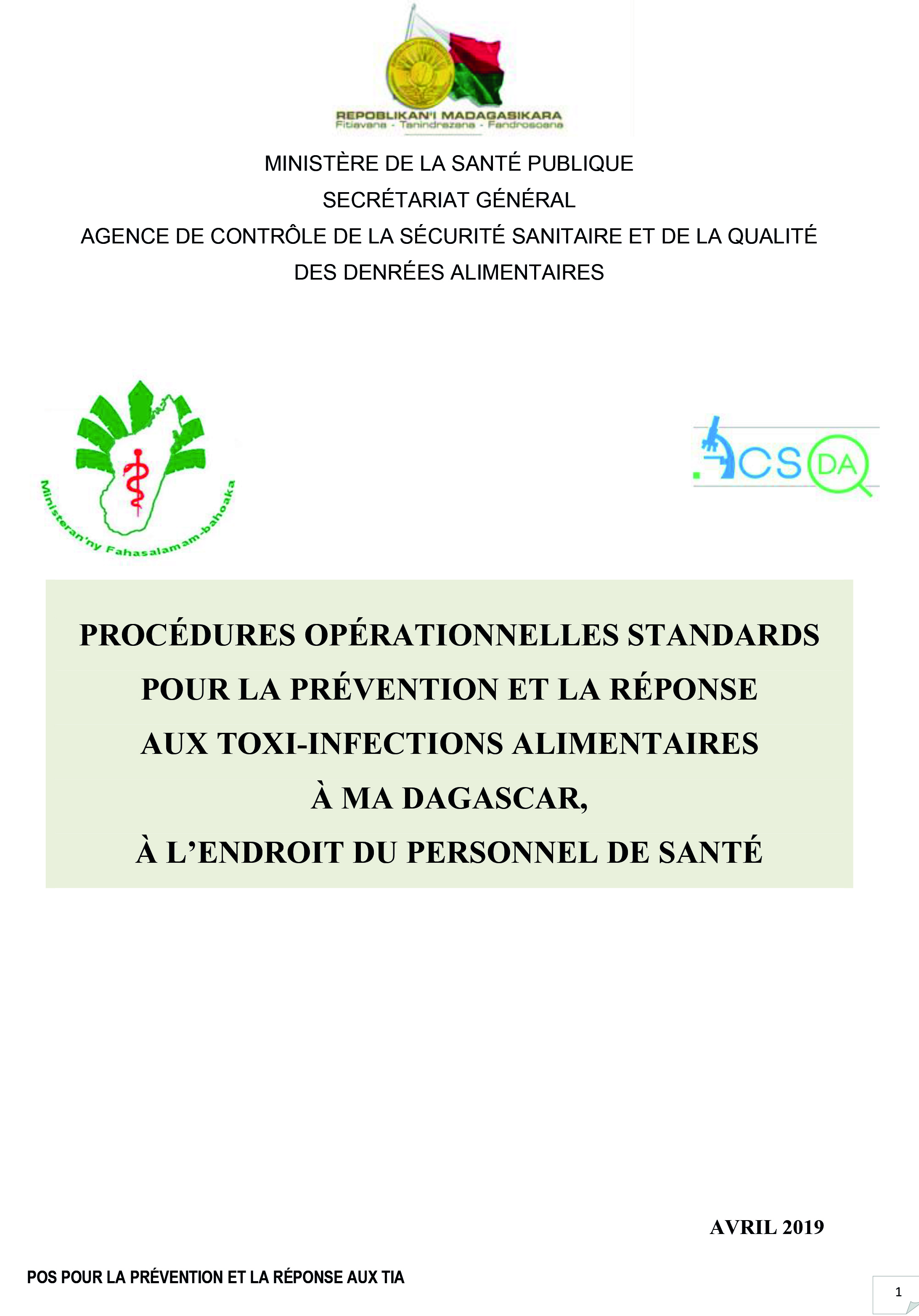 Procédures opérationnelles standards pour la prévention et la réponse aux Toxi-inféctions alimentaires à Madagascar, à l’endroit du personnel de santé