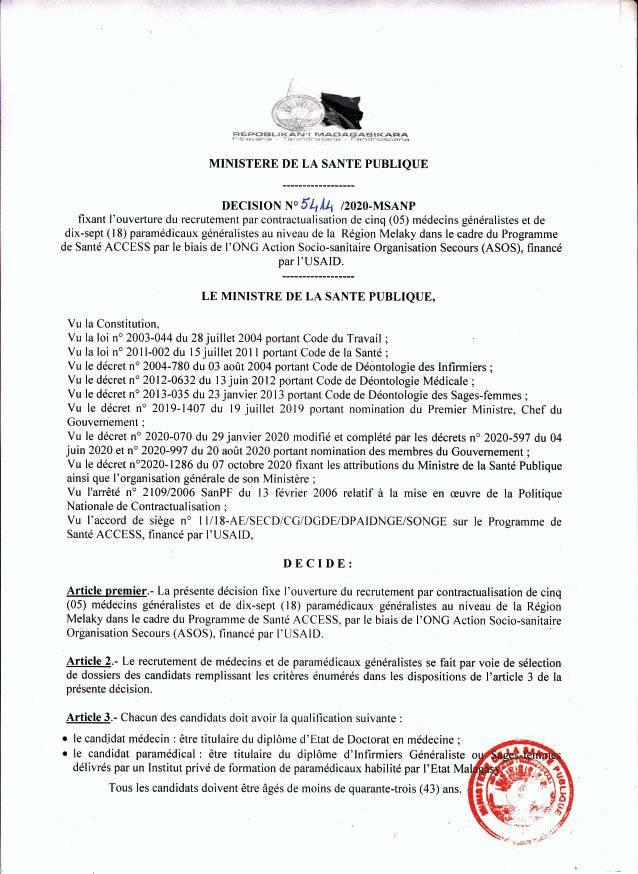 Recrutement: DECISION N° 5414/2020-MSANP/Région Melaky