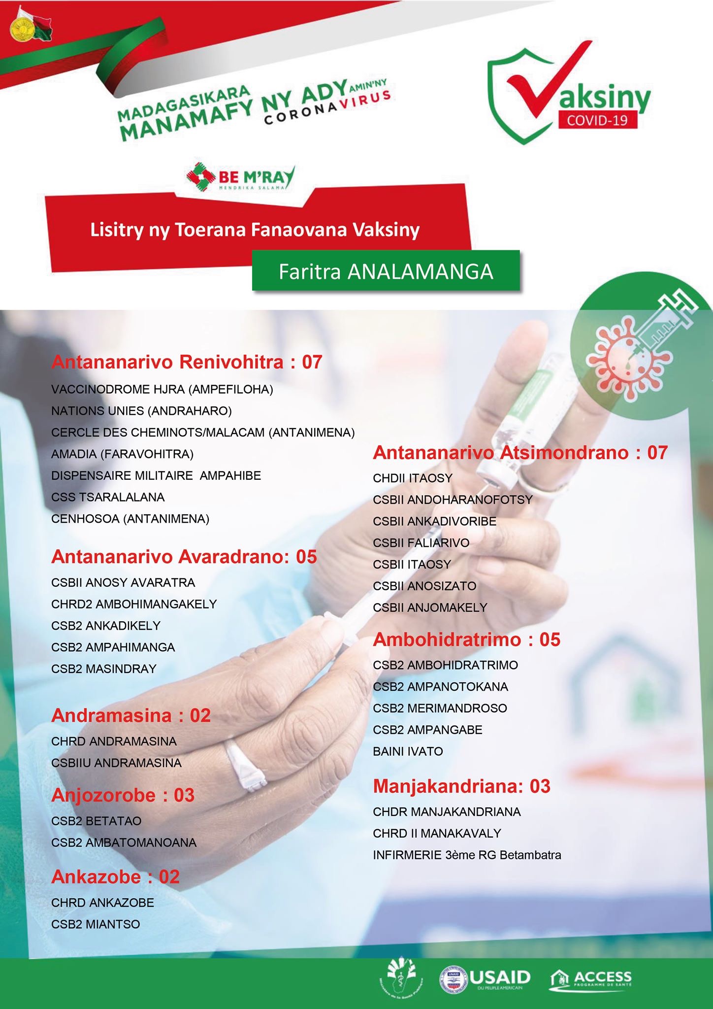 IREO TOERANA FANAOVAM-BAKSINY IADIANA AMIN’NY COVID-19 ISAM-PARITRA