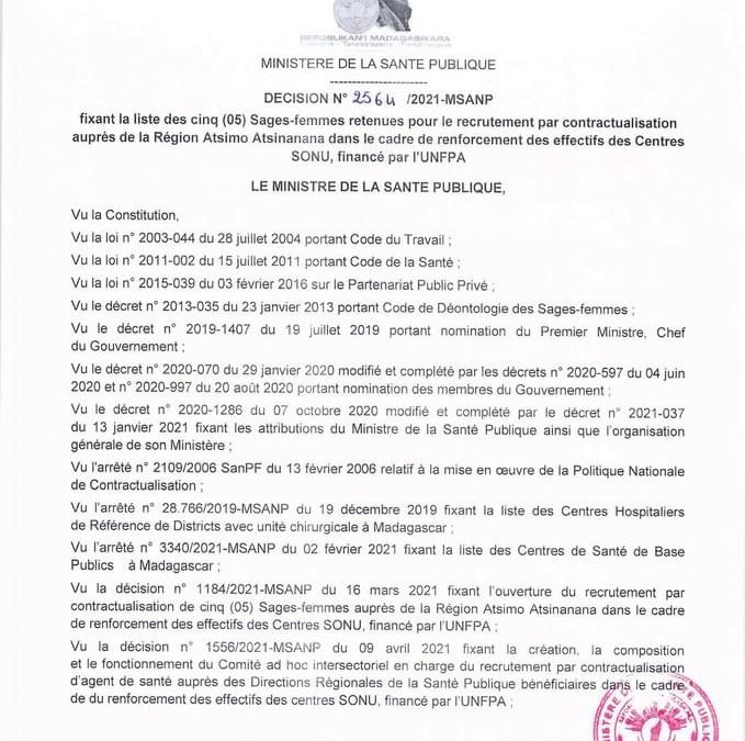 Décision N° 2564/2021-MSANP fixant la liste des cinq (05) Sages-femmes retenues pour le recrutement par contractualisation auprès de la Région Atsimo Atsinanana dans le cadre de renforcement des effectifs des Centres SONU, financé par l’UNFPA.