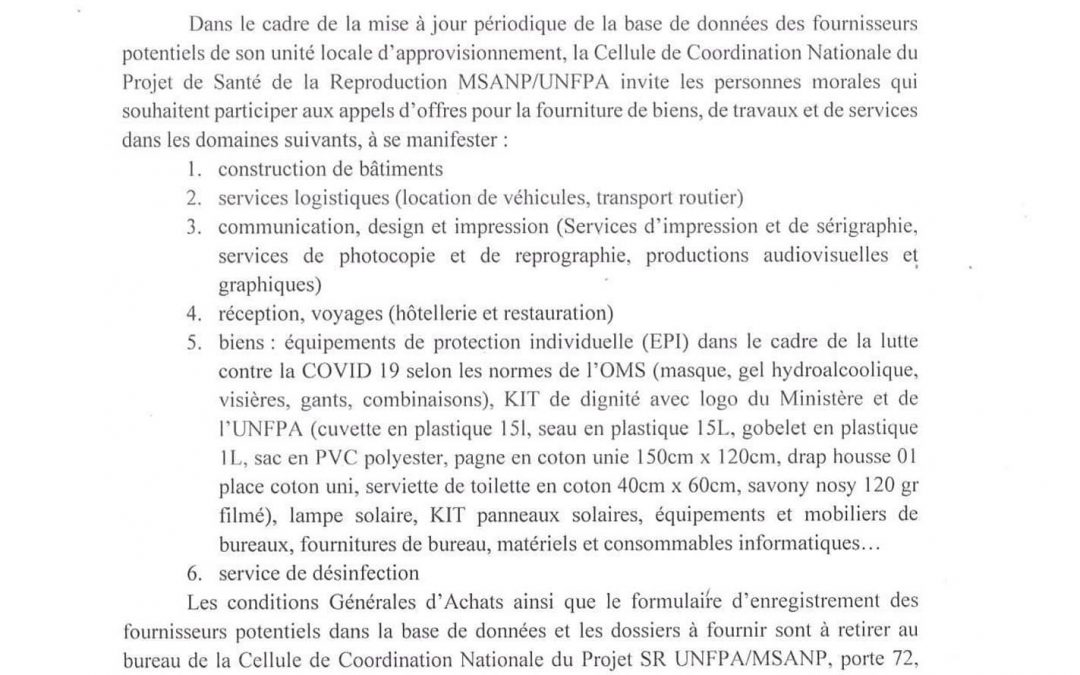 APPEL À MANIFESTATION D’ INTERÊT AO N° 001MSANP/SG