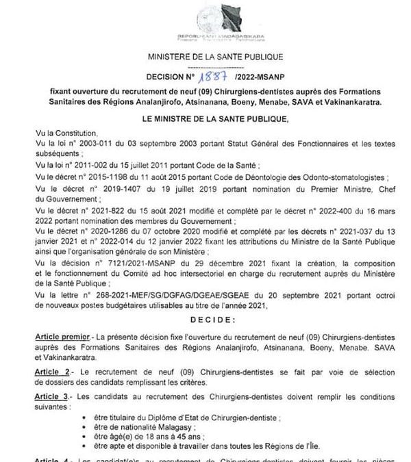 Décision N° 1887 fixant l’ouverture du recrutement de 09 Chirurgiens dentistes auprès des Formations sanitaires du Ministère de la Santé publique.