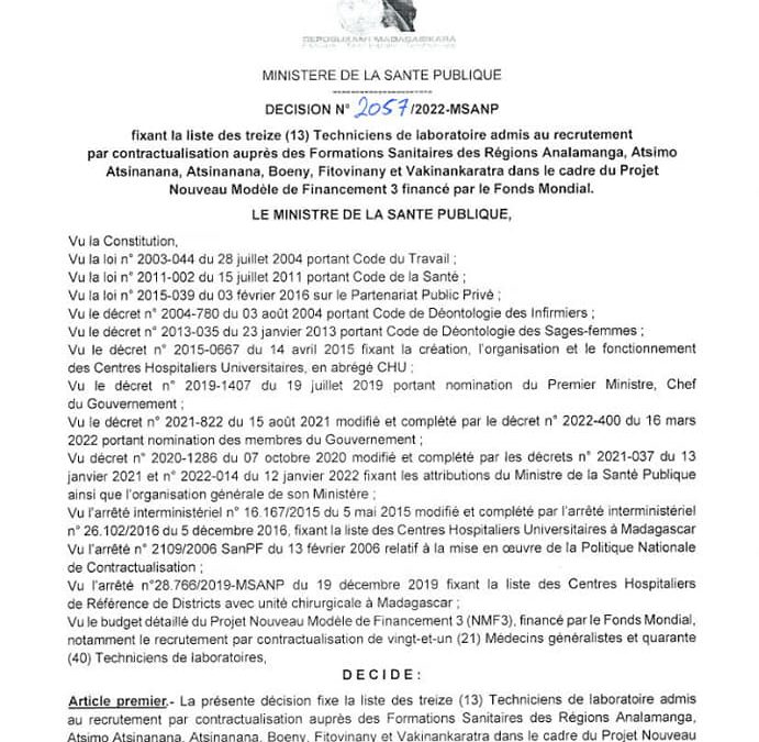 Décision n° 2057 fixant la liste des 13 Techniciens de laboratoire, travaillant déjà en tant que bénévoles au niveau des Formations Sanitaires concernées, admis au recrutement par contractualisation dans le cadre du Projet NMF3 financé par le Fonds Mondial.