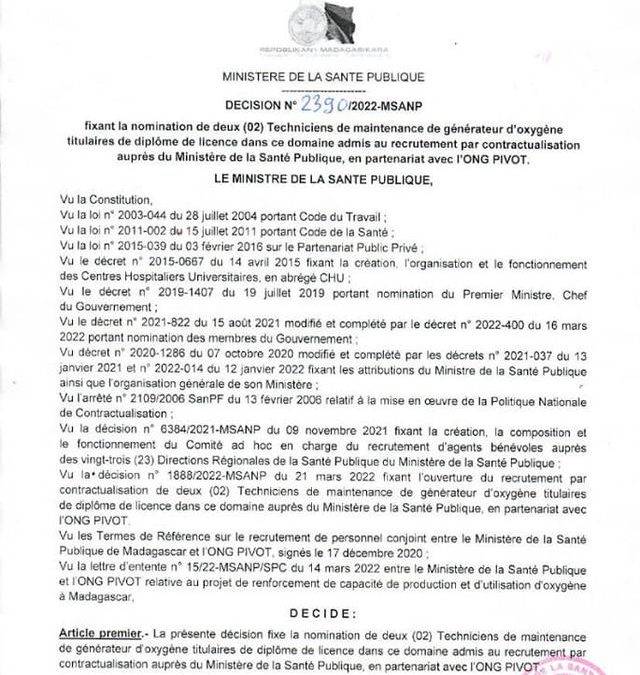 Décision n° 2390 fixant la nomination de 2 Techniciens de maintenance de générateur d’oxygène admis au recrutement par contractualisation auprès du Ministère de la Santé publique, avec l’ONG PIVOT.