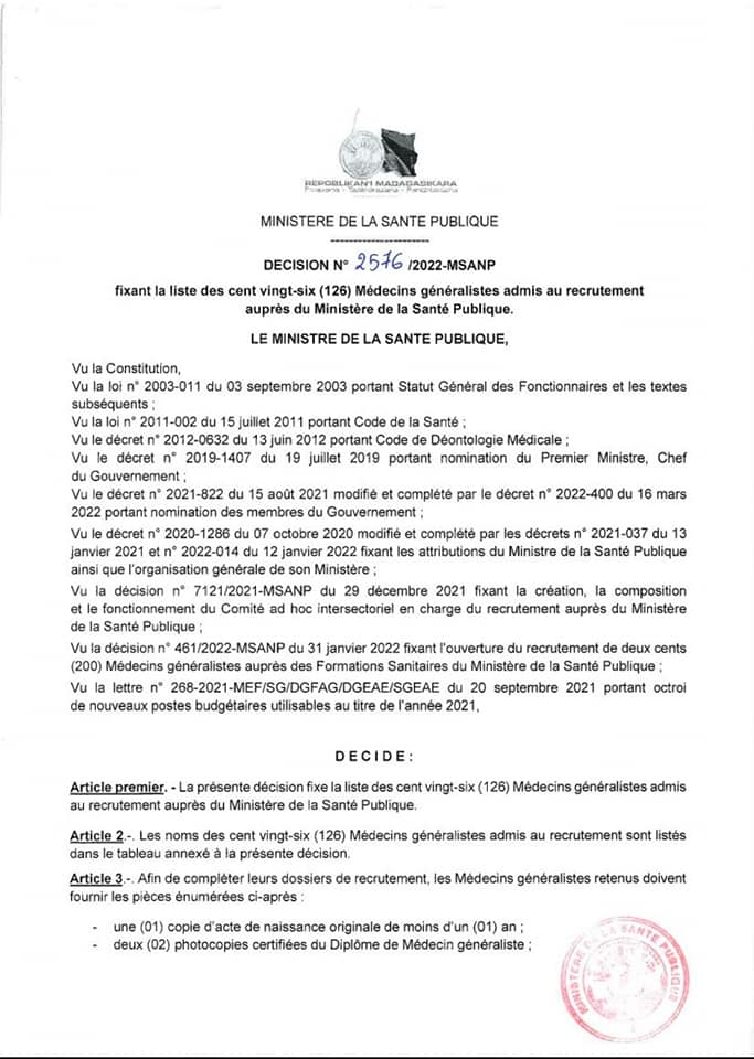 DECISION N: 2576/2022-MSANP fixant la liste des cent vingt- six (126) Médecins généralistes admis au recrutement auprès du Ministère de la Santé Publique